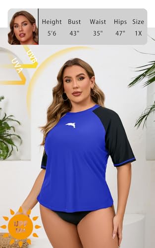 Halcurt Women's Plus Size Rash Guard Short Sleeve Swim Shirts Loose Fit UPF50+ Sun Protection Swimsuit Top Only Royal Blue 4X - Image 5