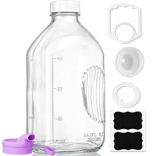 Ritayedet 64 Oz Heavy Duty Glass Milk Bottle with Reusable Airtight Strong SCREW LID - 1/2 Gallon Water Bottles with Scale Lines - 2 Qt Glass Milk Jug Pitcher - Extra Gaskets & Handle! - Image 1