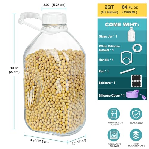 Ritayedet 64 Oz Heavy Duty Glass Milk Bottle with Reusable Airtight Strong SCREW LID - 1/2 Gallon Water Bottles with Scale Lines - 2 Qt Glass Milk Jug Pitcher - Extra Gaskets & Handle! - Image 4