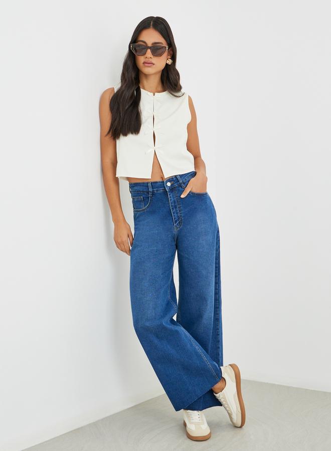 Styli High Rise Kick Flare Jeans with Raw-Edge Hem - Image 1
