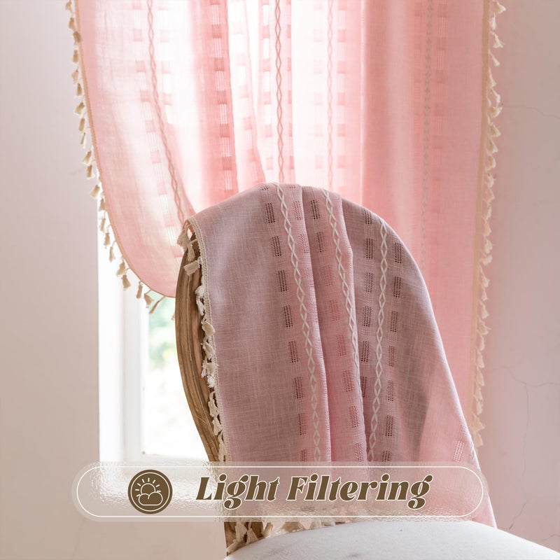 BCLBUSTE Pink Boho Curtains 63 inch Long 2 Panels for Gilrs Bedroom Living Room Nursery, Vintage Embroidered Semi Sheer Linen Farmhouse Light Filtering Drapes Rod Pocket Privacy Neutral Bohemian decor,W52xL63 - Image 5