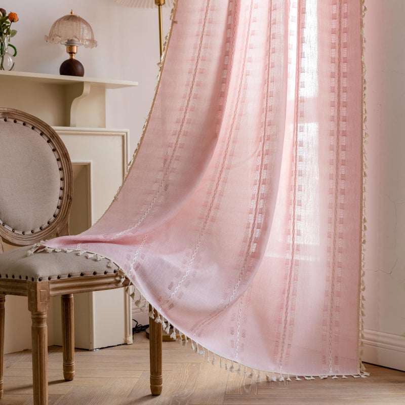 BCLBUSTE Pink Boho Curtains 63 inch Long 2 Panels for Gilrs Bedroom Living Room Nursery, Vintage Embroidered Semi Sheer Linen Farmhouse Light Filtering Drapes Rod Pocket Privacy Neutral Bohemian decor,W52xL63 - Image 1
