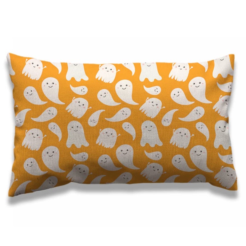 AOYEGO AOYEGO Halloween Phantom Pillow Case 12x20 Inch Cute Little White Creepy Ghost Smile Face Horror Orange White Rectangle Throw Pillow Covers Home Decor Cotton Linen Cushion for Men Women Boys Girls  - Image 1