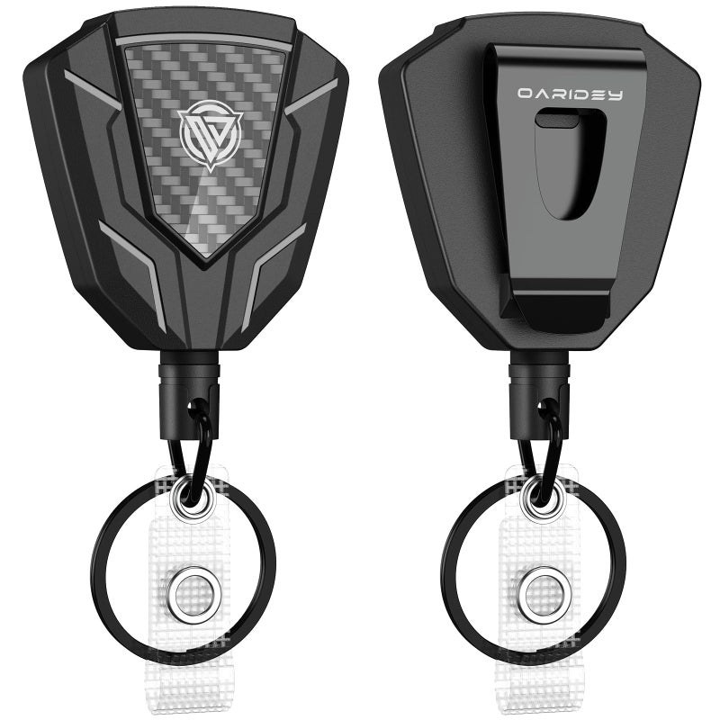 Oaridey Heavy Duty Retractable Keychain with Belt Clip, Retractable Badge Holders with Carbon Fiber Front, Badge Reels Retractable with Key Ring and 31.8â€ Steel Cord, 9oz Rebound - 2 Pack - Image 1