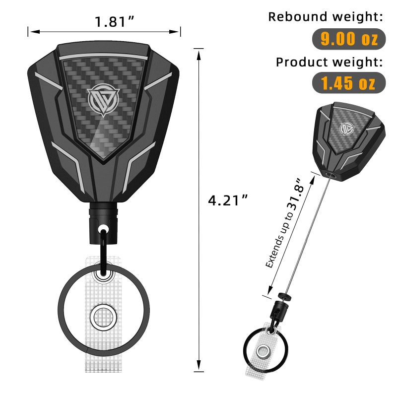 Oaridey Heavy Duty Retractable Keychain with Belt Clip, Retractable Badge Holders with Carbon Fiber Front, Badge Reels Retractable with Key Ring and 31.8â€ Steel Cord, 9oz Rebound - 2 Pack - Image 4