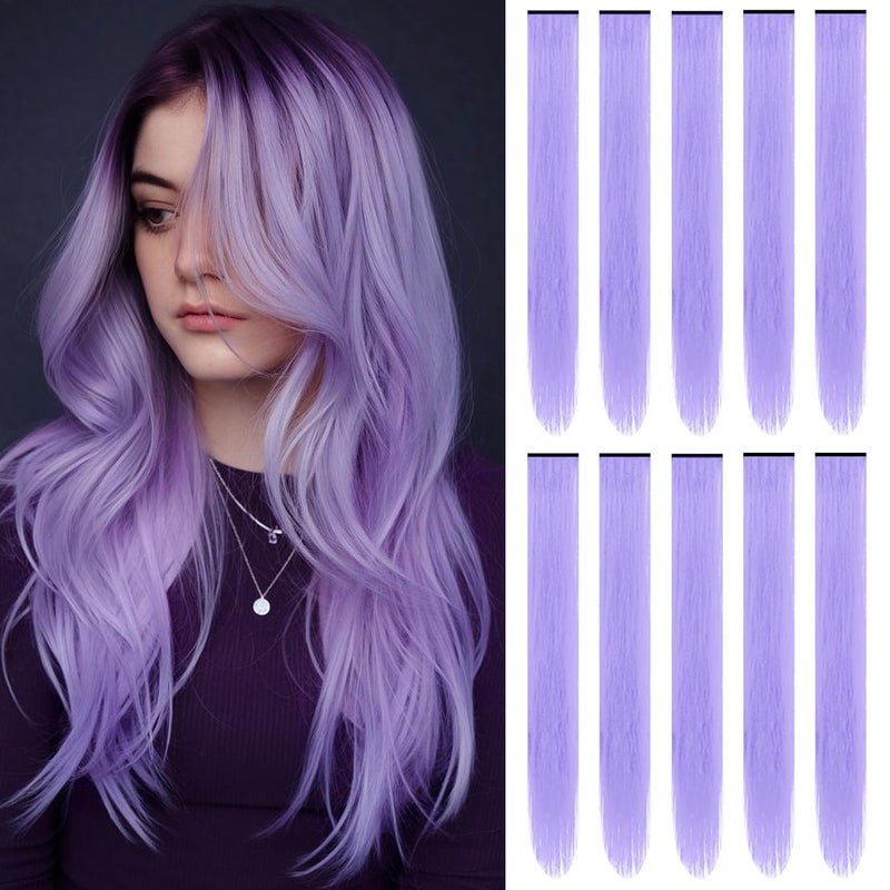TOFAFA 22 inch Colored Hair Extensions, Colorful Party Highlights Clip in Long Straight Synthetic Hair Extensions, Color Party Highlights Hairpieces for Girls Women(10 PCS Light Purple) - Image 1
