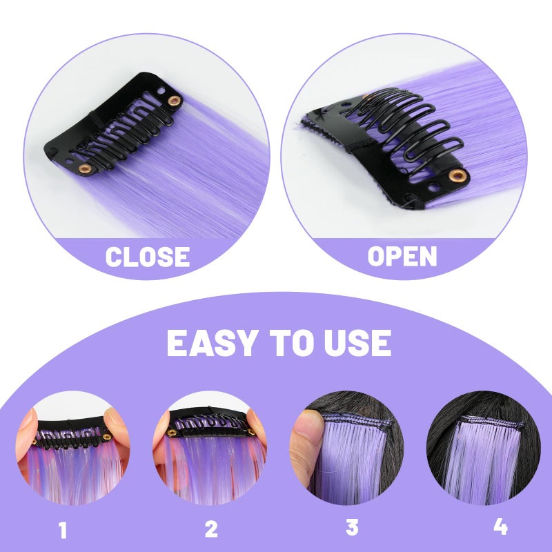 TOFAFA 22 inch Colored Hair Extensions, Colorful Party Highlights Clip in Long Straight Synthetic Hair Extensions, Color Party Highlights Hairpieces for Girls Women(10 PCS Light Purple) - Image 3