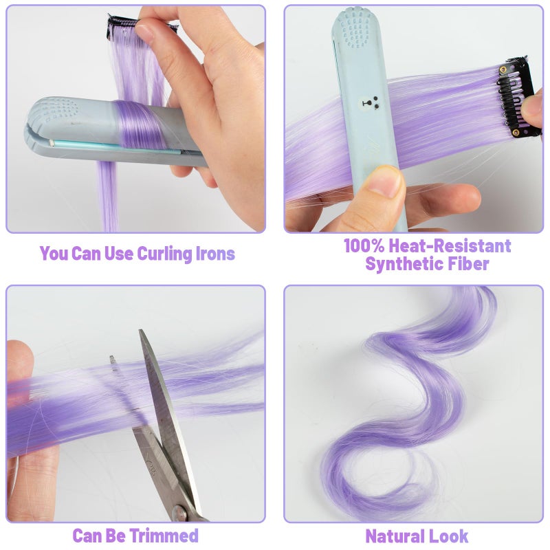 TOFAFA 22 inch Colored Hair Extensions, Colorful Party Highlights Clip in Long Straight Synthetic Hair Extensions, Color Party Highlights Hairpieces for Girls Women(10 PCS Light Purple) - Image 5