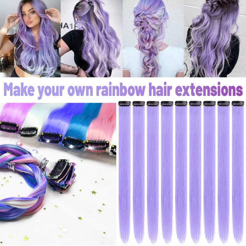 TOFAFA 22 inch Colored Hair Extensions, Colorful Party Highlights Clip in Long Straight Synthetic Hair Extensions, Color Party Highlights Hairpieces for Girls Women(10 PCS Light Purple) - Image 2