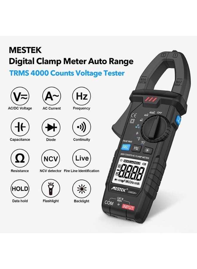 MESTEK Smart Digital Clamp Meter Tester 600A Current 600V AC/DC Voltage&Current Capacitance Resistance Continuity Measurement Data Hold Backlight NCV Live Wire Multimeter CM83A+(Black) - Image 2