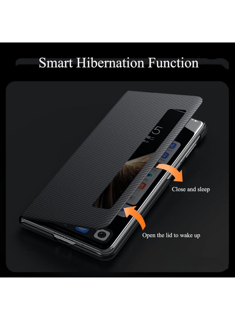 اووكاي جراب مغناطيسي متوافق مع Honor Magic V5، نافذة عرض ذكية مع خاصية الاستيقاظ/السكون التلقائي مع الرد بدون قلب، جراب نحيف وخفيف الوزن ومضاد للصدمات ومضاد للسقوط مصنوع من ألياف الكربون (أسود) - Image 5