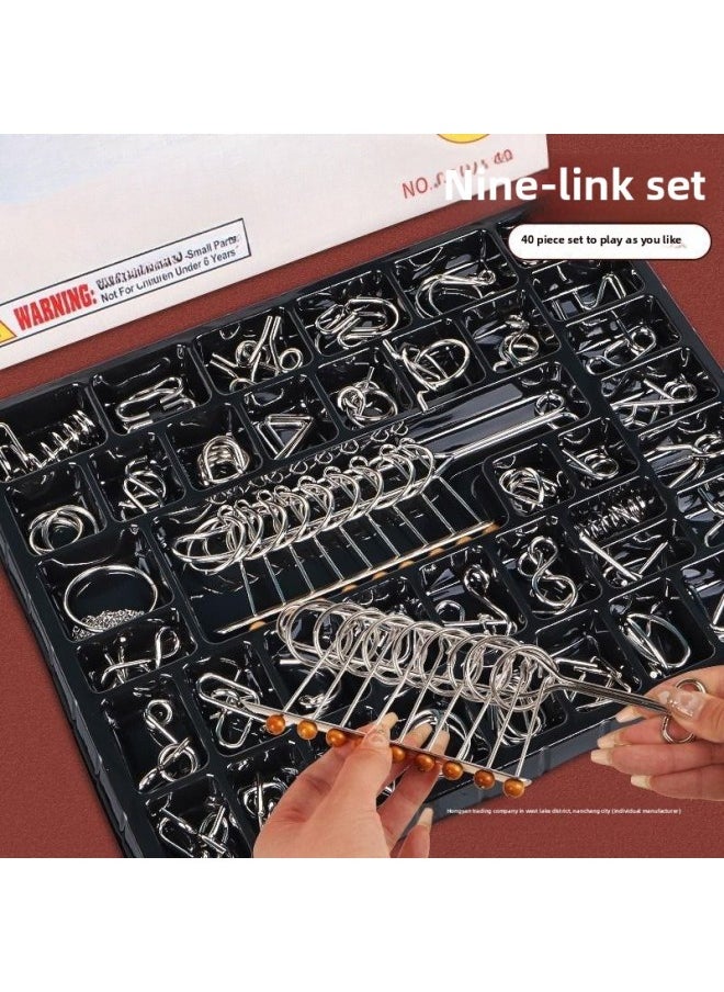 Generic - Nine-chain Intelligence Unlock Ring Release Toy Luban Lock Kongming Lock Suit Children And Primary School Students 24-piece Set-Color:Nine-link Ring [50-piece Set Of Loops] + Luban Lock Six-piece Set Difficulty Two - Image 1