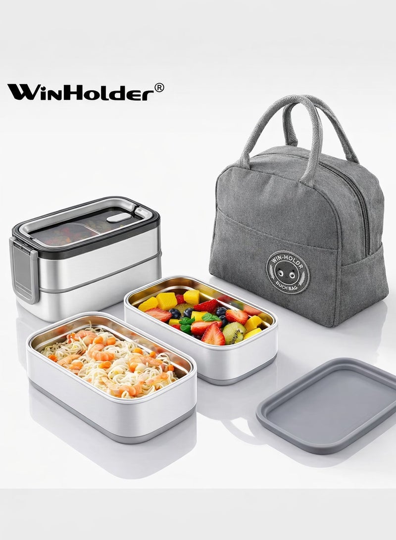 WinHolder Stainless Steel Lunch Box (1400ml) – Double-Layer, Microwave-Safe, Made of 304 Leakproof Stainless Steel – Detachable with Thermal Insulation – Ideal for Adults, Students, Office, or School – Includes Thermal Bag and Cutlery. - Image 1