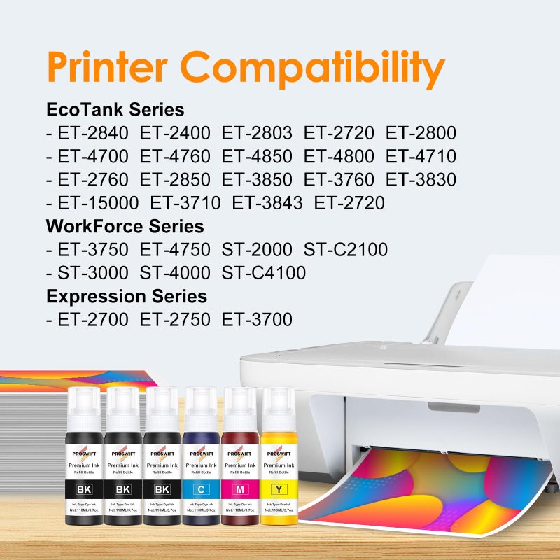 PROSWIFT 522 High Capacity (6 Bottles) Ink Refill Bottles Combo Pack Replacement for Epson Compatible 522 Ink Use for EcoTank ET-2800 ET-2803 ET-2400 ET-4800 ET-2720 ET-2840 ET-3850 ET-2850 Printer - Image 3