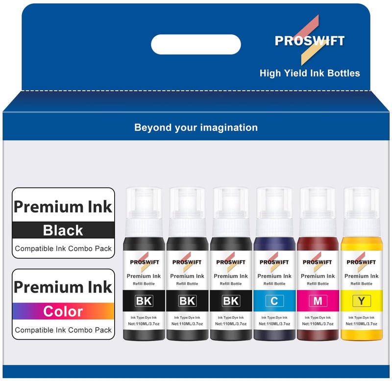 PROSWIFT 522 High Capacity (6 Bottles) Ink Refill Bottles Combo Pack Replacement for Epson Compatible 522 Ink Use for EcoTank ET-2800 ET-2803 ET-2400 ET-4800 ET-2720 ET-2840 ET-3850 ET-2850 Printer - Image 1