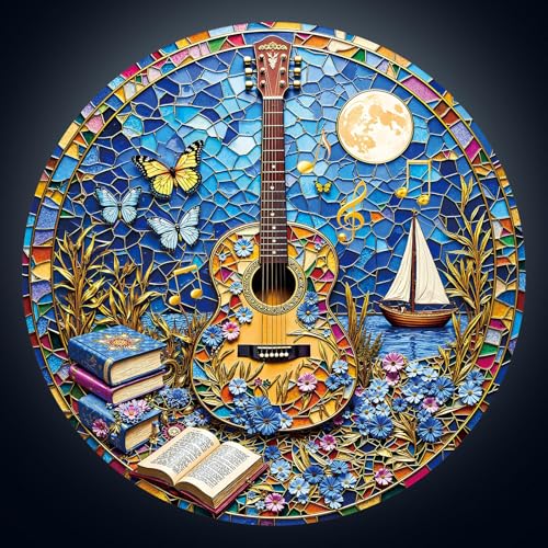 Artipuz 1000 Piece Round Jigsaw Puzzle for Adults 3D Visual Stained Glass Guitar 266in Diameter Circular Brain Challenge Artistic Home Decor for Mindful Relaxation - Image 1