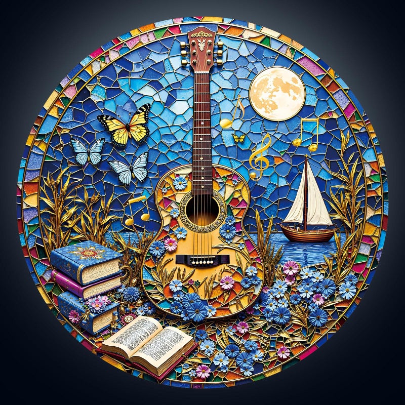 Artipuz 1000 Piece Round Jigsaw Puzzle for Adults 3D Visual Stained Glass Guitar 266in Diameter Circular Brain Challenge Artistic Home Decor for Mindful Relaxation - Image 3