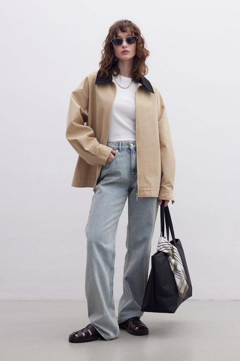 Manuka Contrast Collar Gabardine Jacket Camel  - Image 3