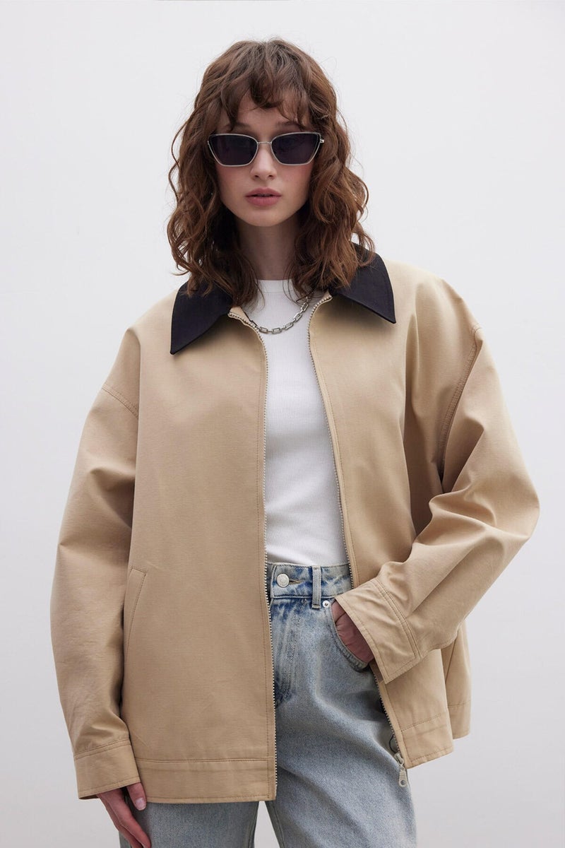 Manuka Contrast Collar Gabardine Jacket Camel  - Image 1