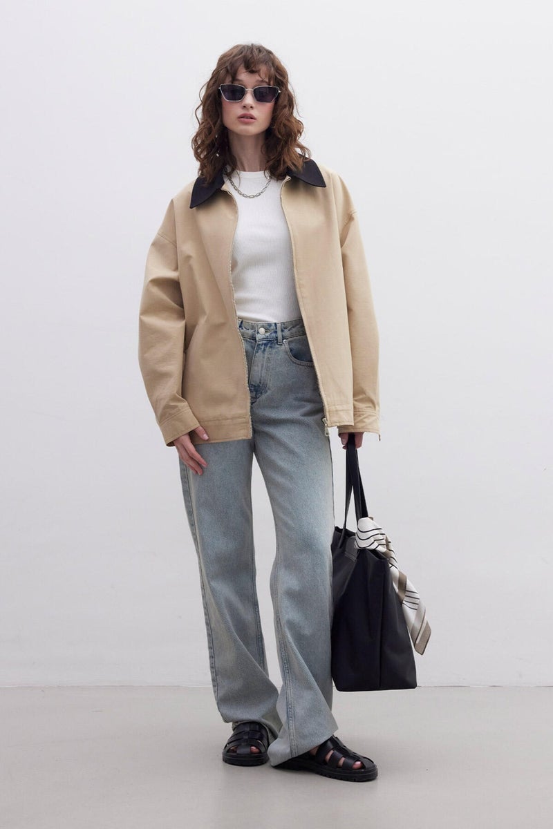 Manuka Contrast Collar Gabardine Jacket Camel  - Image 4