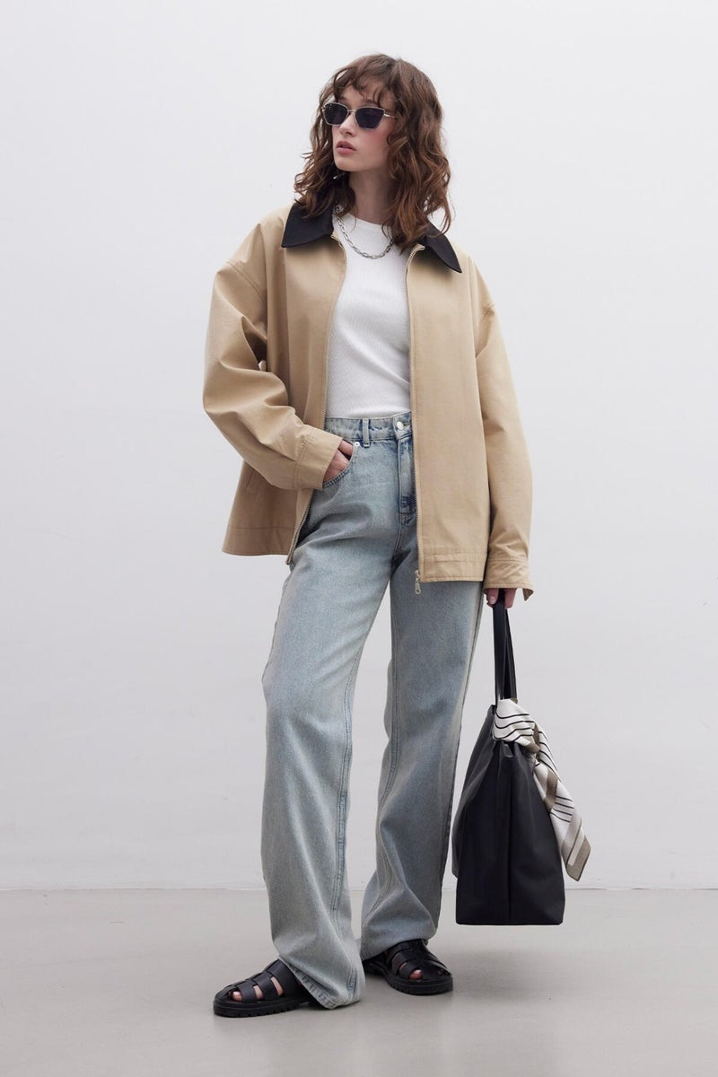 Manuka Contrast Collar Gabardine Jacket Camel  - Image 5
