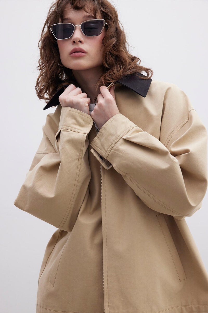 Manuka Contrast Collar Gabardine Jacket Camel  - Image 2