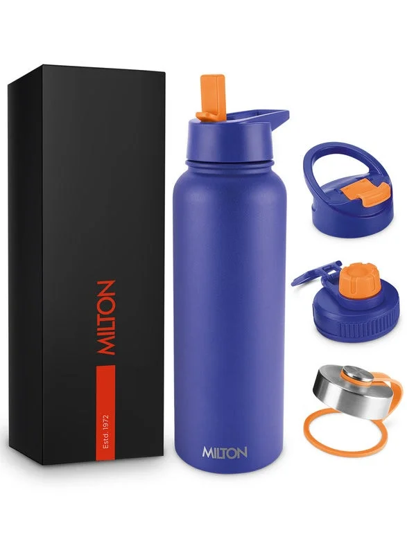 Milton MILTON 1180ml Vacuum Insulated Water Bottle with 4 Lids, Keeps Drinks 12 Hrs Hot & 24 Hrs Cold, 18/8 Stainless Steel, Double-Walled Flask with Inner Copper Coating for Sports, Gym - Flassio - Blue