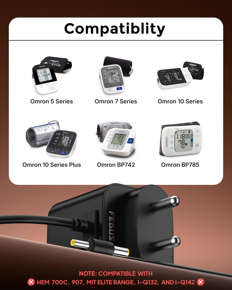 FEDUS PulseGuard6 OPro 6V 900mA bp Machine Adapter for Omron(Series 5, 7, 10) bp Blood Pressure Monitor, BIS Certified DC Power Supply, 10ft Long Cable Cord, 4.0mm & 5.5mm Universal Dual Pin Charger - Image 3
