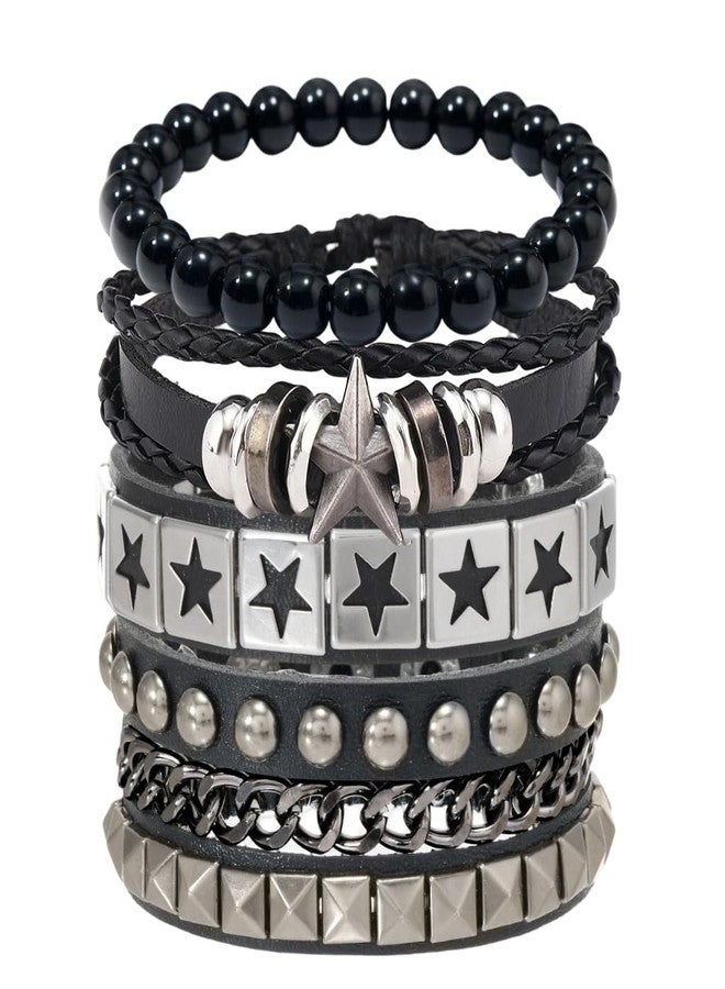 GUSTAVE® 4Pcs Bracelet for Man Black Punk Rock Leather Bracelets Pop Stars Beads Braided Rope Hand Chains Retro Spiked Adjustable Wrap Wrist Bracelet for Men - Image 1