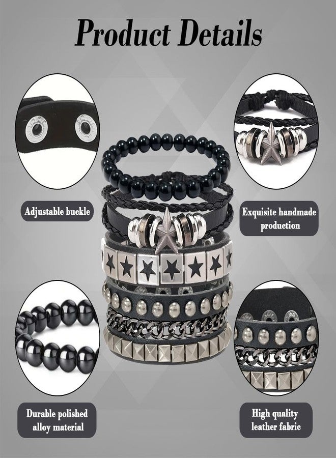 GUSTAVE® 4Pcs Bracelet for Man Black Punk Rock Leather Bracelets Pop Stars Beads Braided Rope Hand Chains Retro Spiked Adjustable Wrap Wrist Bracelet for Men - Image 3