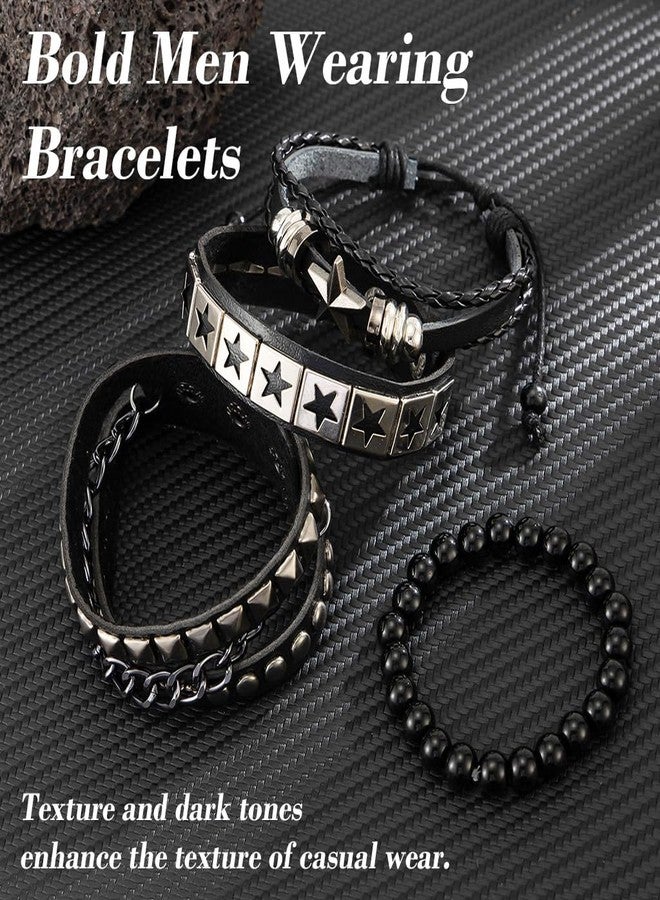 GUSTAVE® 4Pcs Bracelet for Man Black Punk Rock Leather Bracelets Pop Stars Beads Braided Rope Hand Chains Retro Spiked Adjustable Wrap Wrist Bracelet for Men - Image 4