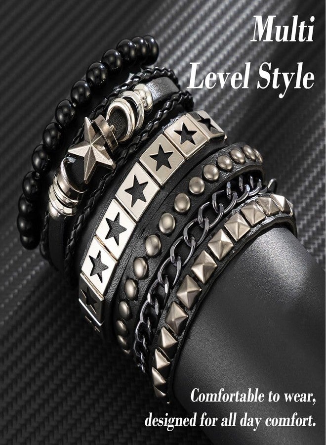 GUSTAVE® 4Pcs Bracelet for Man Black Punk Rock Leather Bracelets Pop Stars Beads Braided Rope Hand Chains Retro Spiked Adjustable Wrap Wrist Bracelet for Men - Image 5
