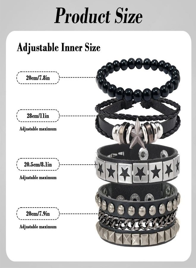 GUSTAVE® 4Pcs Bracelet for Man Black Punk Rock Leather Bracelets Pop Stars Beads Braided Rope Hand Chains Retro Spiked Adjustable Wrap Wrist Bracelet for Men - Image 2