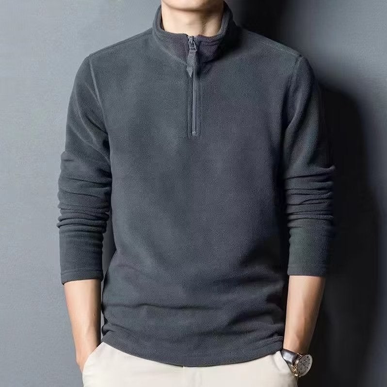 Autumn and Winter New Double-sided Fleece Mens Base Shirt Half-high Neck Fleece fleece-lined Thickened Youth Explosive Zipper Sweater Blue - Image 2