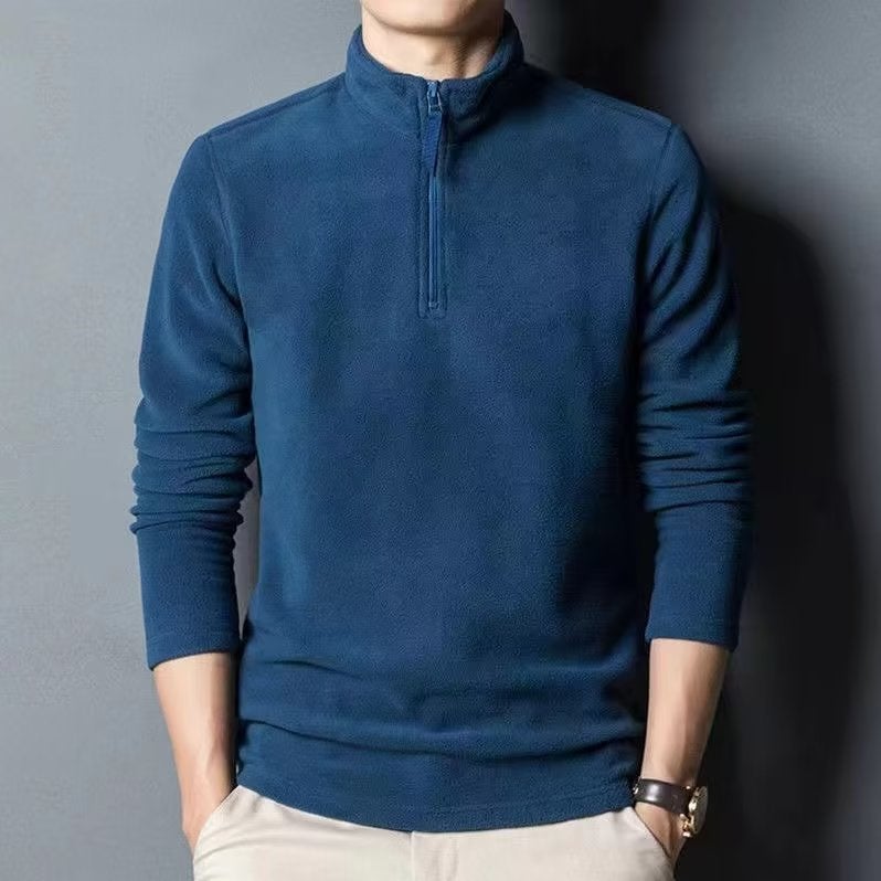Autumn and Winter New Double-sided Fleece Mens Base Shirt Half-high Neck Fleece fleece-lined Thickened Youth Explosive Zipper Sweater Blue - Image 1