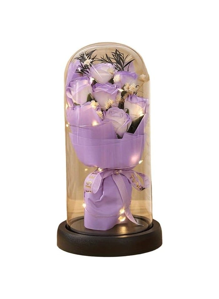 LED Artificial Rose Bouquet Inside Clear Glass Dome with Decorative Light – Perfect Romantic Gift for Occasions, Valentine's Day, Mother's Day, Birthdays - Image 1
