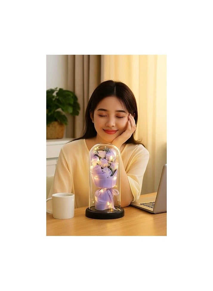 LED Artificial Rose Bouquet Inside Clear Glass Dome with Decorative Light – Perfect Romantic Gift for Occasions, Valentine's Day, Mother's Day, Birthdays - Image 2