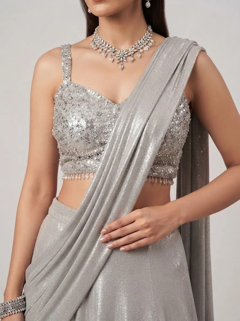 Viny VINY Silver Grey 2-Piece Sequin Embellished Crop Top Lehenga Set – Women's Indian Ethnic Wear