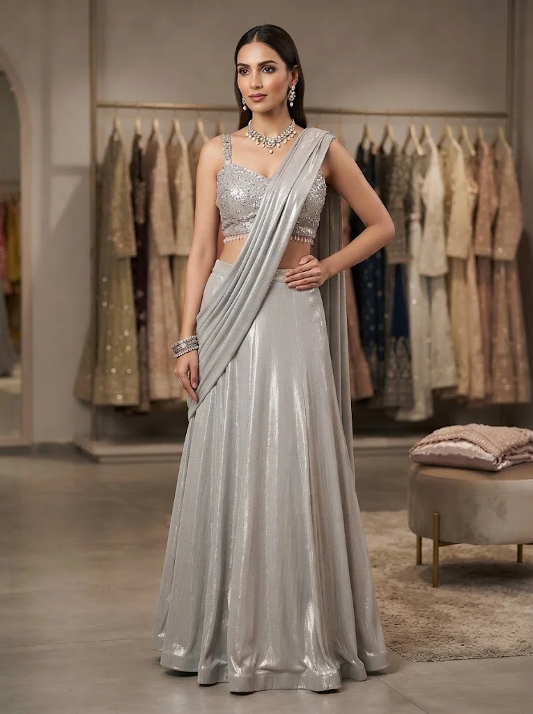 Viny VINY Silver Grey 2-Piece Sequin Embellished Crop Top Lehenga Set – Women's Indian Ethnic Wear