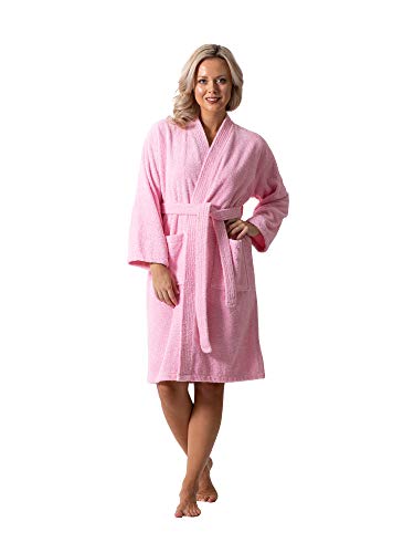 Turkish Linen Luxurious Turkish Cotton Kimono Collar Super-Soft Terry Absorbent Bathrobes for Women (Pink, Medium) - Image 1