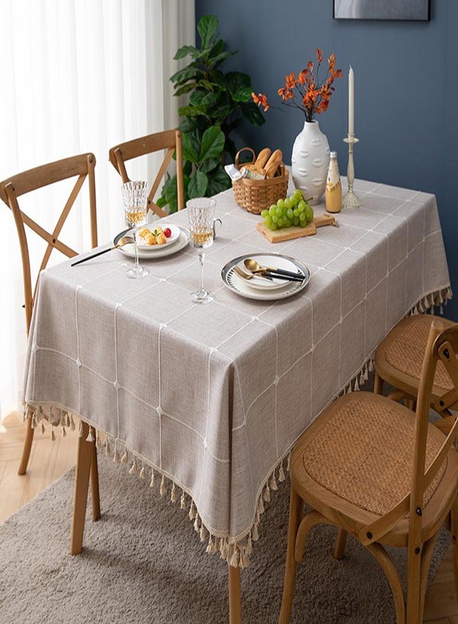 Arabest أغطية طاولات من القطن والكتان، بتصميم مربعات مع تطريز وشرابة، غطاء طاولة 140x180 سم (55 x 70 بوصة) للمطبخ المنزلي، طاولة مستطيلة، رمادي، تتسع لـ 4-6 أشخاص - Image 1