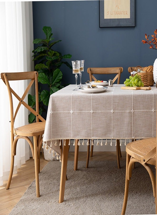 Arabest أغطية طاولات من القطن والكتان، بتصميم مربعات مع تطريز وشرابة، غطاء طاولة 140x180 سم (55 x 70 بوصة) للمطبخ المنزلي، طاولة مستطيلة، رمادي، تتسع لـ 4-6 أشخاص - Image 4