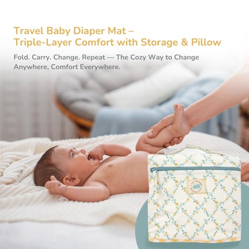 Tidy Sleep Baby Portable Diaper Changing Mat – Waterproof, Foldable Travel Mat with Storage Pockets & Soft Padding Pillow–Easy-to-Carry Changing Station Organizer for Newborns & Toddlers (Yellow Bloom Vines) - Image 3