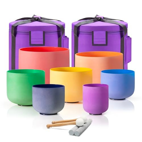 CVNC Set Of 7 PCS 440HZ 6-12 Inch Colored Frosted Chakra Quartz Crystal Singing Bowls Sound Healing Instrument with 2 PCS Travel Carry Case Bag for Meditation - Image 1