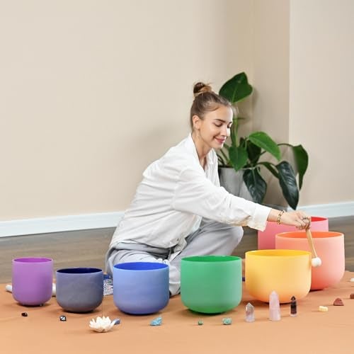 CVNC Set Of 7 PCS 440HZ 6-12 Inch Colored Frosted Chakra Quartz Crystal Singing Bowls Sound Healing Instrument with 2 PCS Travel Carry Case Bag for Meditation - Image 3