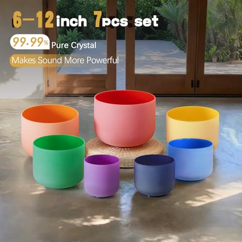CVNC Set Of 7 PCS 440HZ 6-12 Inch Colored Frosted Chakra Quartz Crystal Singing Bowls Sound Healing Instrument with 2 PCS Travel Carry Case Bag for Meditation - Image 2