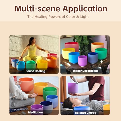 CVNC Set Of 7 PCS 440HZ 6-12 Inch Colored Frosted Chakra Quartz Crystal Singing Bowls Sound Healing Instrument with 2 PCS Travel Carry Case Bag for Meditation - Image 4