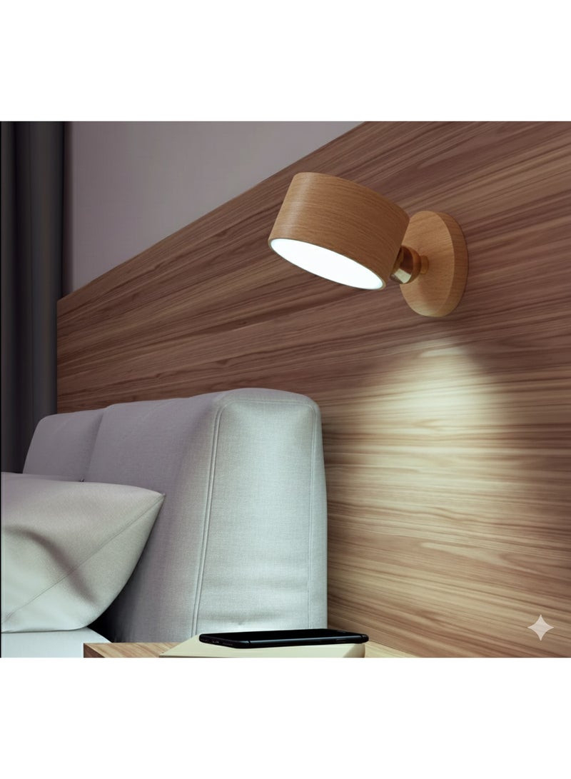 Wooden bedside Lamp, LED Reading Lamp, Bedside Bedroom Dimmable Wall Lamp, Battery USB rechargable, Living Room 360° Rotation Touch Control night Light (White light) - Image 3