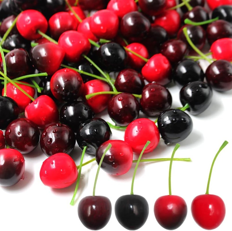 lyfLux 100 pcs Cherry Fruit, 4 Colors Fake Cherries, Fake Fruit, Fruit Decor, Used for Furniture Decoration, Ornaments, Photo Props and Window Display - Image 1