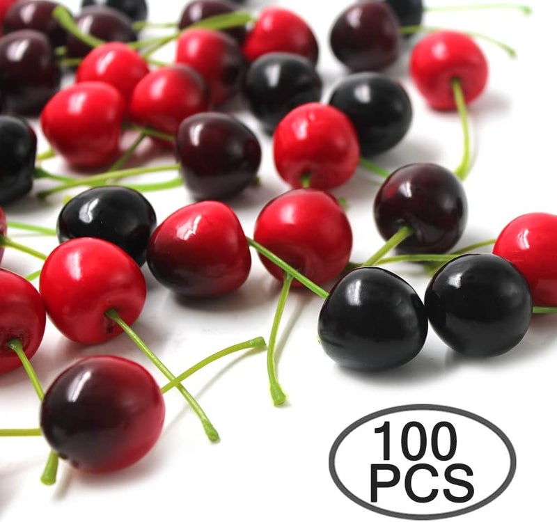lyfLux 100 pcs Cherry Fruit, 4 Colors Fake Cherries, Fake Fruit, Fruit Decor, Used for Furniture Decoration, Ornaments, Photo Props and Window Display - Image 2